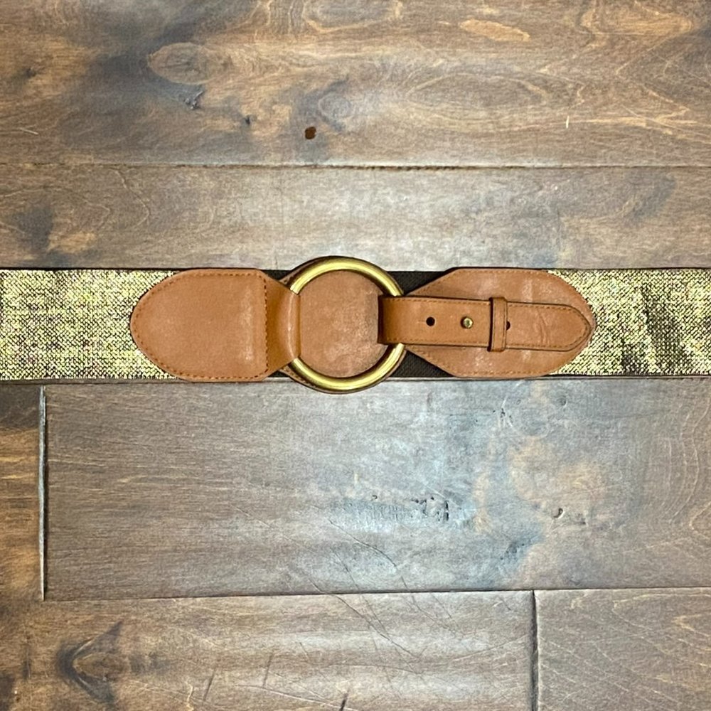 Lauren Ralph Lauren Stretch Fabric Leather Gold D-Ring Buckle Brown Belt XL
